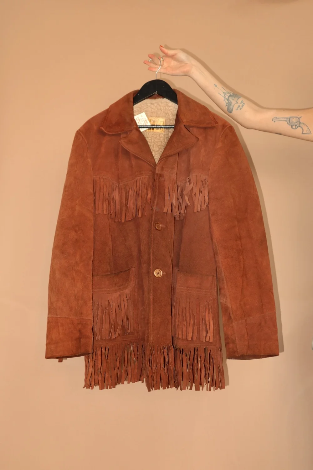 VINTAGE 70s SEARS WESTERN WEAR BROWN SUEDE FRINGED SHERPA LINED